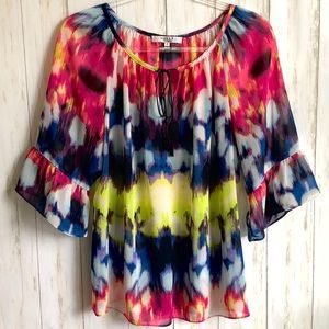 MILLY Sheer Long Sleeve Color Burst Top